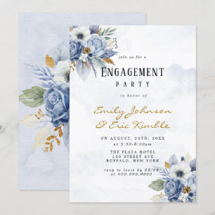 Dusty Navy Blue Guld Peony Förlovningsfest Invita Inbjudningar