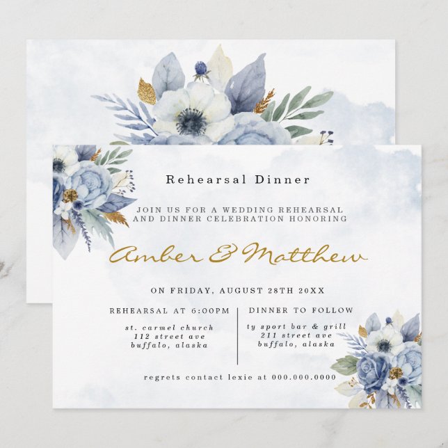 Dusty Navy Blue Guld Peony Rehearsal Dinner Invita Inbjudningar (Fram/baksida)