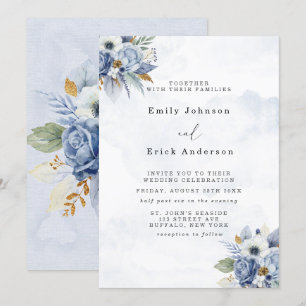 Dusty Navy Blue Guld Watercolor Peony Chic Bröllop Inbjudningar