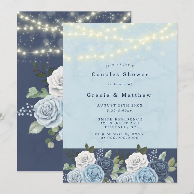 Dusty Navy Blue Peony Ljus Par Shower Inbjudan (Fram/baksida)