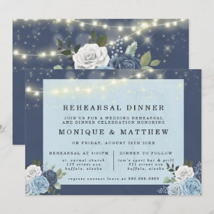 Dusty Navy Blue Peony Ljus Rehearsal Dinner Inbjudningar
