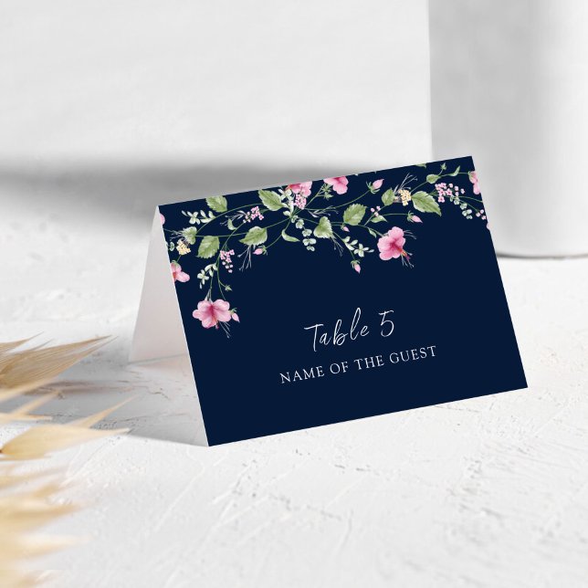 Dusty Navy Blue Pink Hibiscus Wedding Place Card Bordsnummer (Skapare uppladdad)