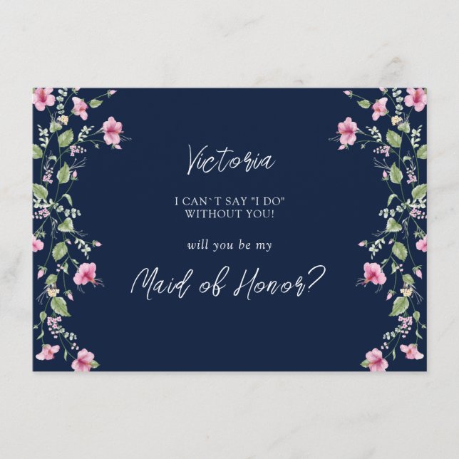 Dusty Navy Blue Rosa Hibiscus Bridesmaid Card Meny (Framsida)