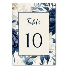 Dusty navy blue & white blommigt vattencolor bröll bordsnummer