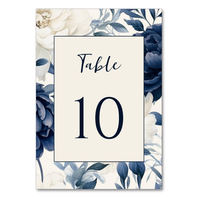 Dusty navy blue & white blommigt vattencolor bröll bordsnummer (Baksidan)