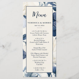 Dusty navy blue & white blommigt vattencolor bröll meny