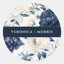 Dusty navy blue & white blommigt vattencolor bröll runt klistermärke
