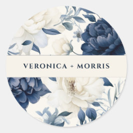 Dusty navy blue & white blommigt vattencolor bröll runt klistermärke