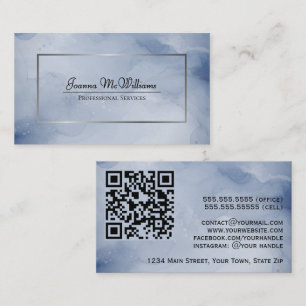 Dusty Navy & Silver Abstrakt Watercolor QR-kod Visitkort
