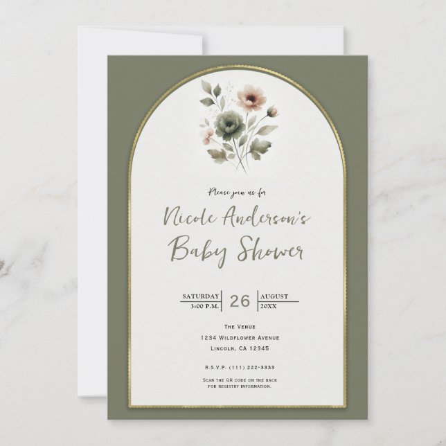 Dusty Olive & Rosa Watercolor Blommigt Baby Shower Inbjudningar (Framsida)