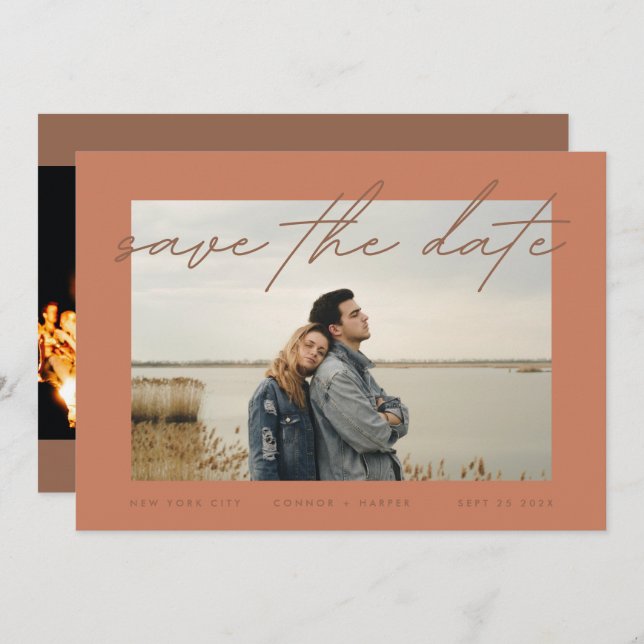 Dusty Orange Terracotta Elegant Gräns Photo Spara Datumet (Fram/baksida)