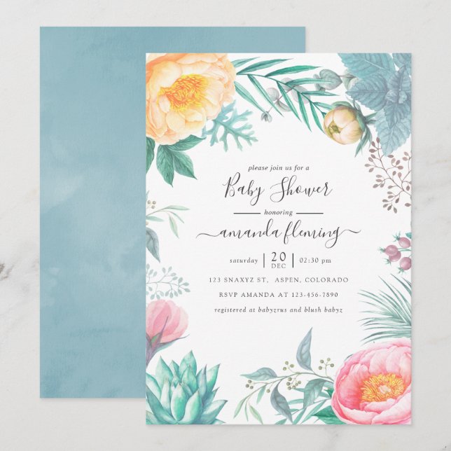 Dusty Pastel Tropical Blommigt Summer Baby Shower Inbjudningar (Fram/baksida)