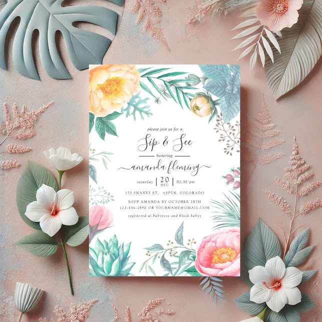 Dusty Pastel Tropical Blommigt Summer Sip och See Inbjudningar (Dusty Pastel Tropical Floral Summer Sip and See Invitation)