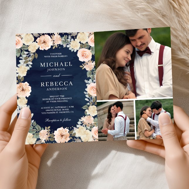 Dusty Peach Floral Navy Blue QR Code Wedding Inbjudan (Skapare uppladdad)