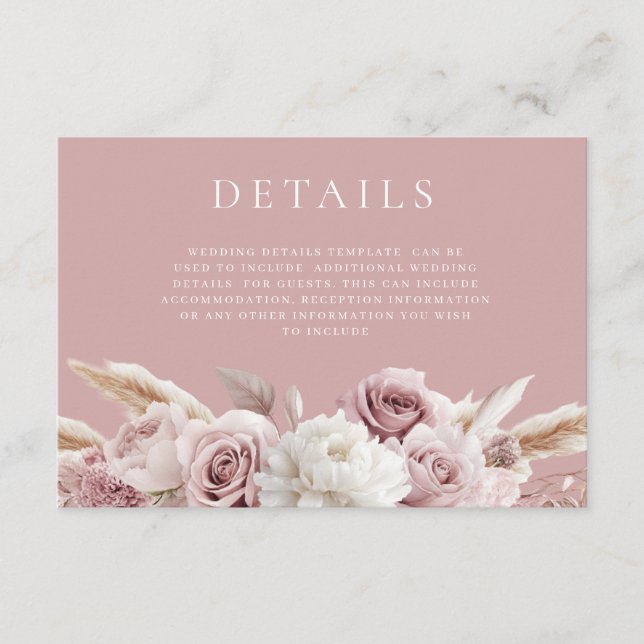 Dusty Pink & Blush Rose Floral Wedding Details Tilläggskort (Framsida)