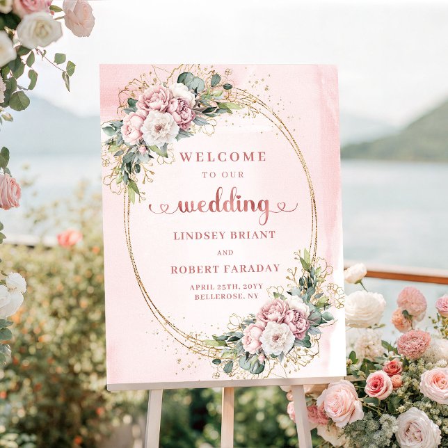 Dusty Pink Boho Blommig Rose Guld Bröllop Välkomme Poster (Dusty Pink Boho Floral Rose Gold Wedding Welcome)