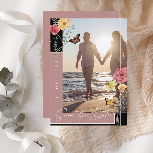Dusty Pink Boho Vildblomma Foto Spara Datumet (Boho Dusty Pink Wildflowers Photo Save the Date)