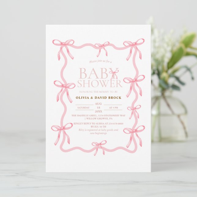 Dusty Pink Bow Pastel Baby Shower Inbjudningar (Stående Fram)