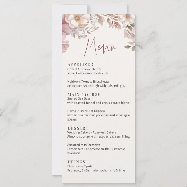 Dusty Pink Cream Magnolia Floral Wedding Menu Card Inbjudningar (Framsida)