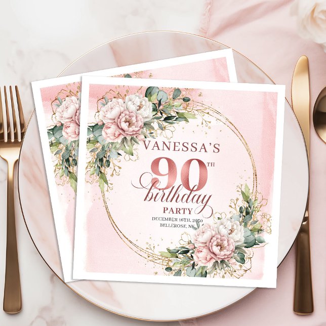 Dusty Pink Eucalyptus Blommig 90-årsfest  Pappersservett (Dusty Pink Eucalyptus Floral 90th Birthday Party Napkins)