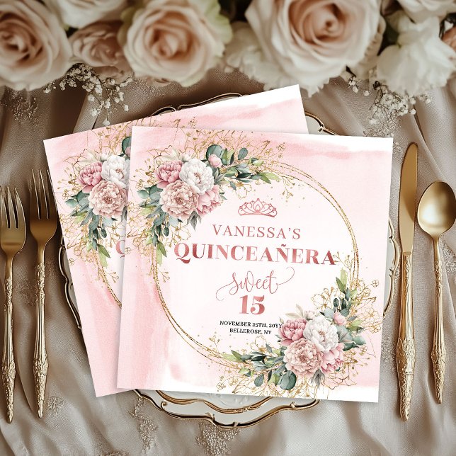 Dusty Pink Eucalyptus Floral Napkin 15th Birthday Pappersservett (Dusty Pink Eucalyptus Floral Napkin for 15th Birthday)