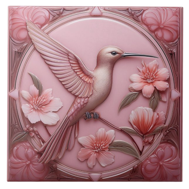 Dusty pink faux relief Art Nouveau Hummingbird R Kakelplatta (Framsidan)