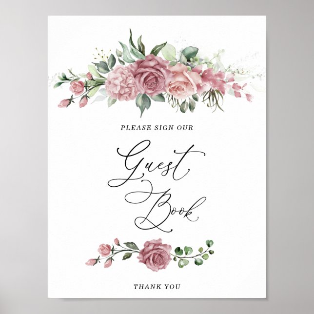  Dusty Pink Floral Bridal Shower Guest Book Poster (Framsidan)
