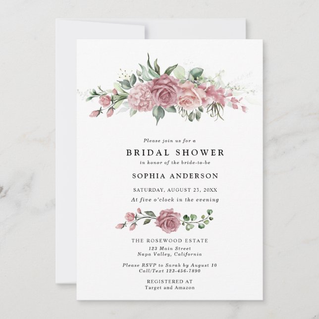 Dusty Pink Floral Bridal Shower Invitation Inbjudningar (Framsida)