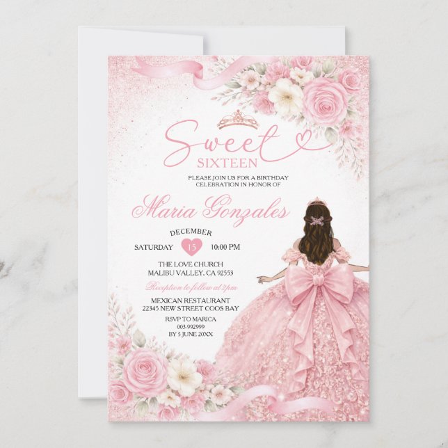 Dusty Pink Floral Charra Princess Sweet Sixteen Inbjudningar (Framsida)