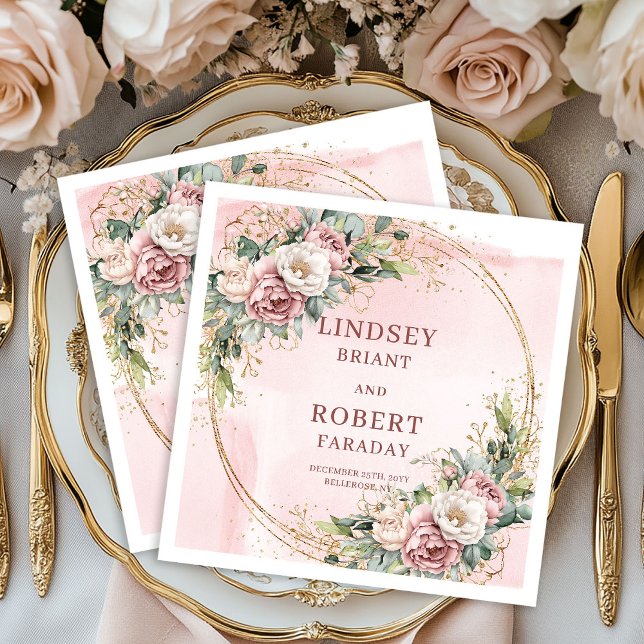 Dusty Pink Floral Eucalyptus Sparkle Gold Wedding  Pappersservett (Dusty Pink Floral Eucalyptus Sparkle Gold Wedding Napkins)