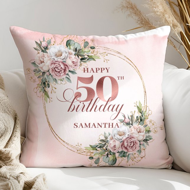 Dusty Pink Floral Greenery 50th Birthday Pillow  Kudde (Dusty Pink Floral Greenery 50th Birthday Pillow Gift)