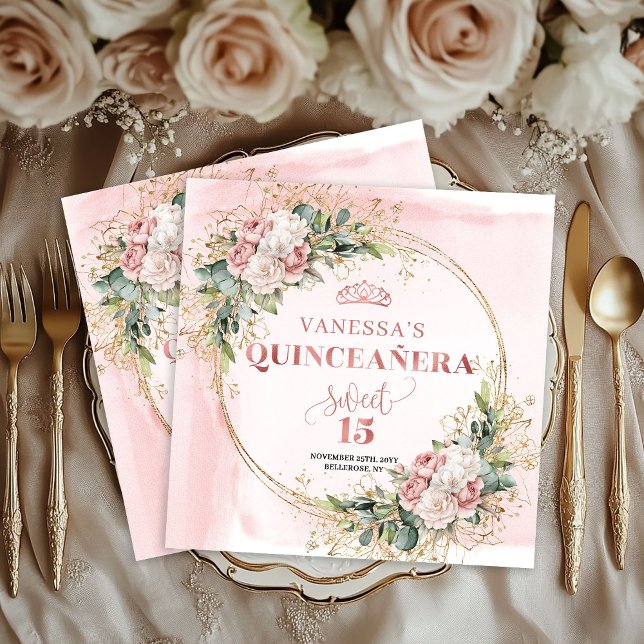 Dusty Pink Floral Napkins for Elegant Quinceañera Pappersservett (Dusty Pink Floral Napkins for Elegant Quinceañera)