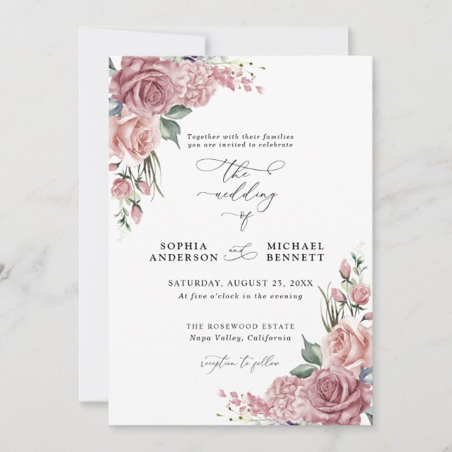 Dusty Pink Floral Wedding Invitation Inbjudningar (Framsida)
