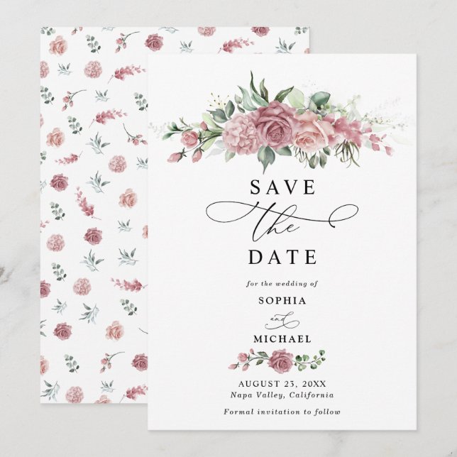 Dusty Pink Floral Wedding Save The Date  Inbjudningar (Fram/baksida)