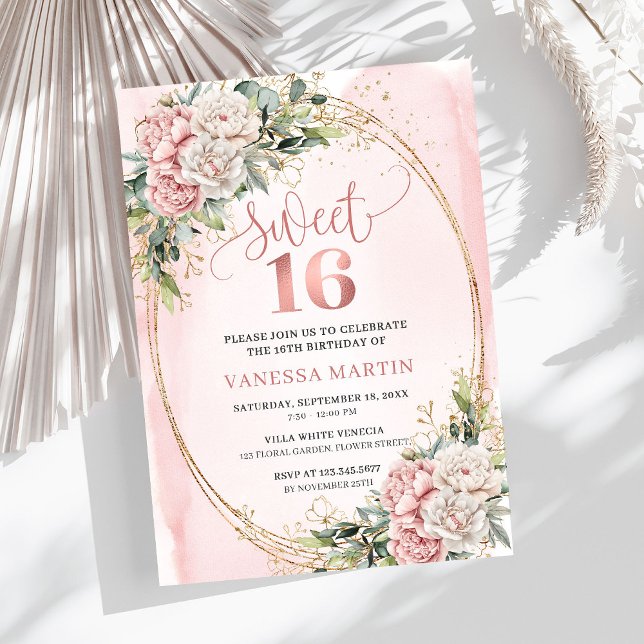 Dusty Pink Flowers Eucalyptus Sweet 16 Invitation Inbjudningar (Dusty Pink Flowers Eucalyptus Sweet 16 Invitation)