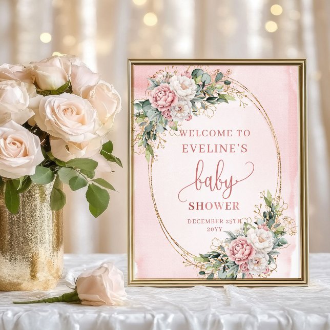 Dusty Pink Flowers Gold Welcome Baby Shower Sign Poster (Dusty Pink Flowers Gold Welcome Baby Shower Sign)