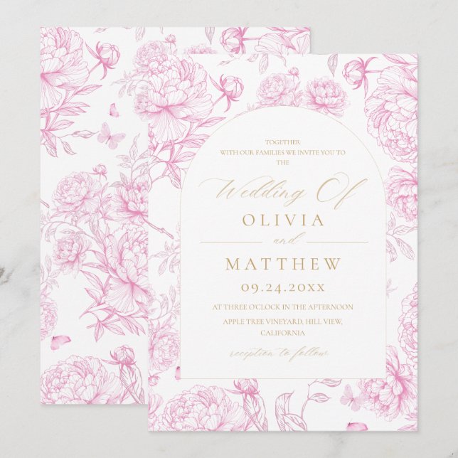 Dusty Pink Fransk Toile Peony Bröllop  Inbjudningar (Fram/baksida)