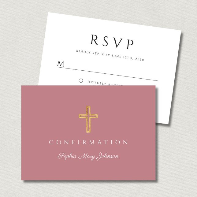 Dusty Pink Girl Religious Cross Confirmation OSA Kort (Dusty Pink Girl Religious Cross Confirmation RSVP Card)