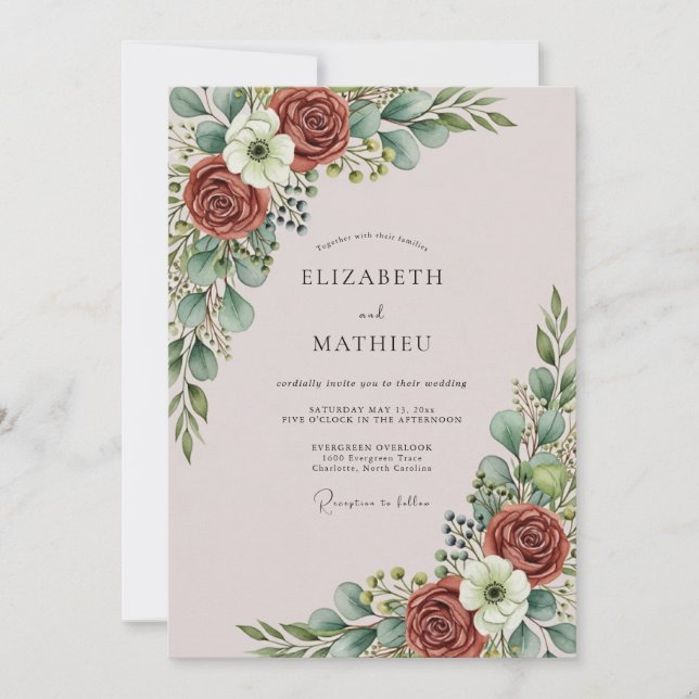 Dusty Pink Graceful Botanical Wedding Inbjudningar (Framsida)