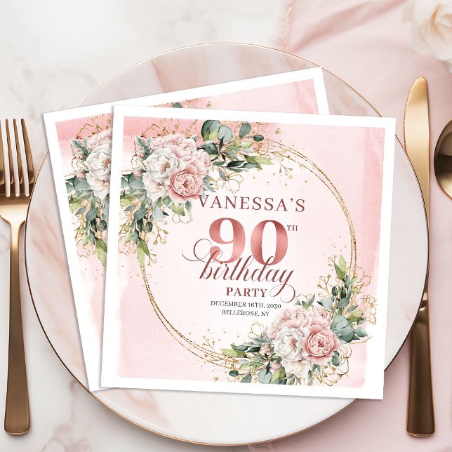Dusty Pink Greenery Blommig 90-årsfest   Pappersservett (Dusty Pink Greenery Floral 90th Birthday Party Napkins)