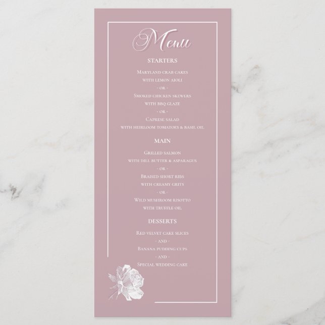 Dusty Pink Line Art Rose Dinner Details Wedding Meny (Framsida)