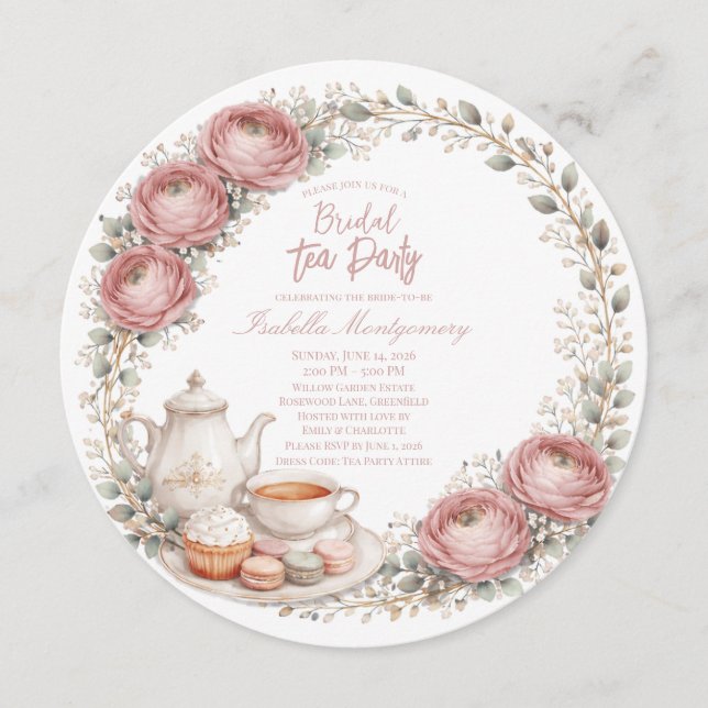 Dusty Pink Palett Tea Party Bröllopsdusch Inbjudningar (Framsida)