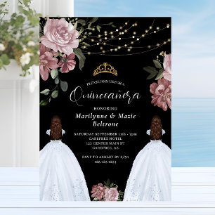 Dusty Pink Prinsessa Blommig Tvilling Quinceañera Inbjudningar