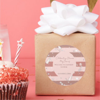 Dusty Pink-ränder Vintage Blommig Baby Girl Shower Runt Klistermärke