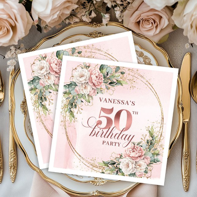 Dusty Pink Rose Gold Blommig 50-års Födelsedagsmid Pappersservett (Dusty Pink Rose Gold Floral 50th Birthday Dinner Napkins

)