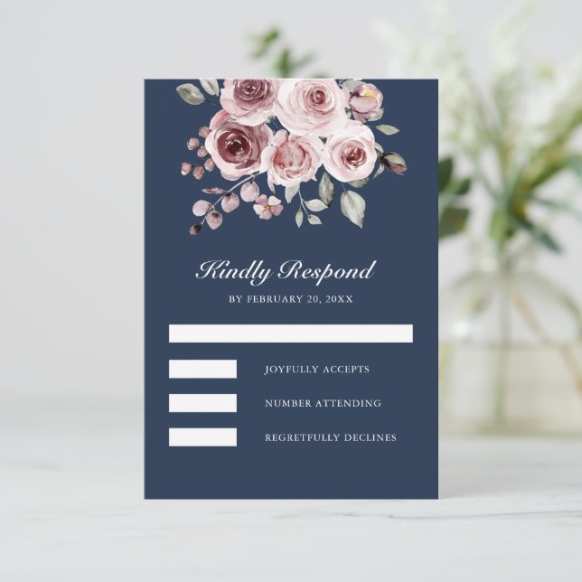Dusty Pink Roses Navy Blue Wedding OSA Kort (Stående Fram)