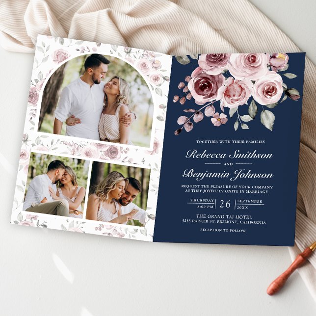 Dusty Pink Roses QR Code Navy Blue Wedding Inbjudan (Skapare uppladdad)