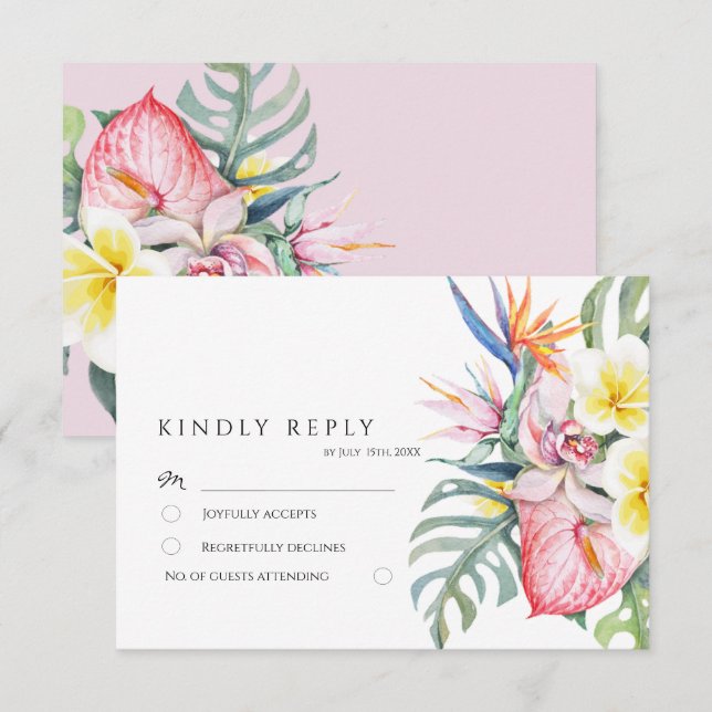 Dusty Pink Tropical Floral Botanical Wedding OSA Kort (Fram/baksida)