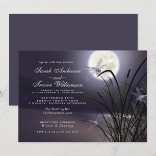 Dusty Plum Bröllop Full Moon Dragonfly Pond Inbjudningar