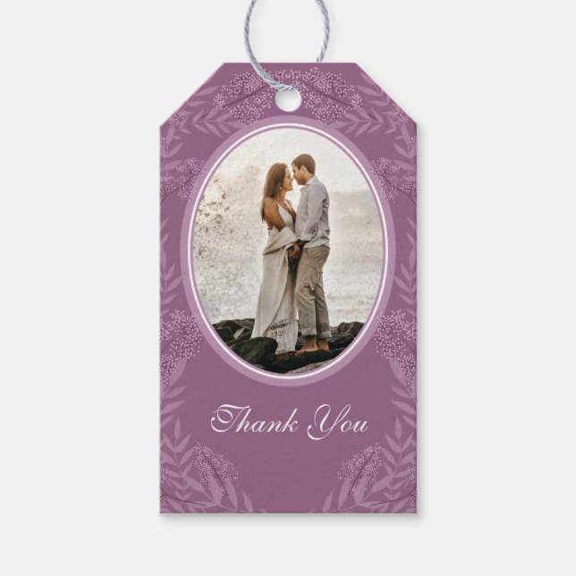 Dusty Plum Lila Bröllop Botanical Presentetikett (Framsidan)